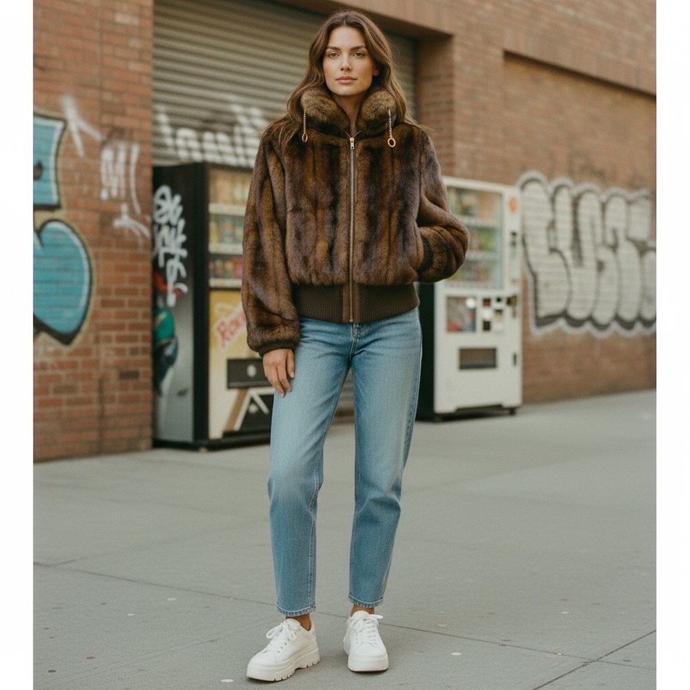 Via Vintage Faux Fur Brown Bomber Jacket Victoria's Secret XS